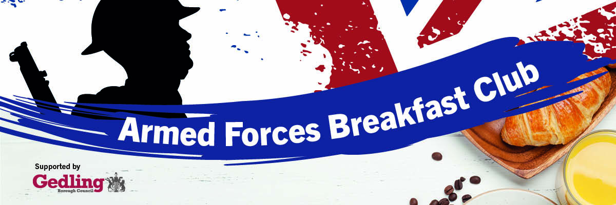 Union flag graphic with outline of a soldier image. Armed Forces Breakfast Club.